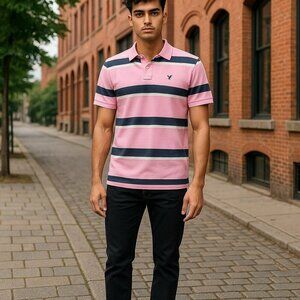 American Eagle Mens Medium Pink Striped Classic Fit Short Sleeve Polo Shirt Sz M